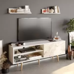 Decorotika Pi 160 Cm Wide TV Stand, TV Unit, TV Cabinet Storage With Open Shelves And Cabinet - White And White Marble Effect