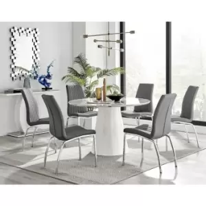 Furniturebox Palma White Marble Effect 120cm Round Minimalist Dining Table & 6 Grey Isco Silver Leg Faux Leather Chairs