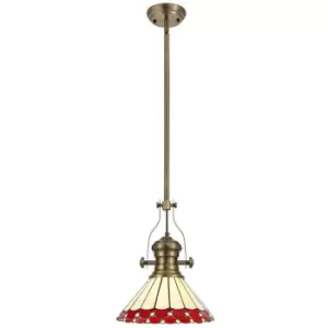 1 Light Telescopic Ceiling Pendant E27 With 30cm Tiffany Shade, Antique Brass, Red, Crystal - Luminosa Lighting