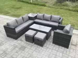 Fimous 6 Seater Outdoor Dark Grey Rattan Lounge Complete Sofa Set with Oblong Coffee Table , Side Table and 2 Stools