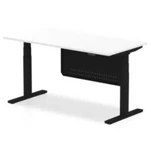 Air 1600 x 800mm Height Adjustable Desk White Top Black Leg With Black Steel Modesty Panel