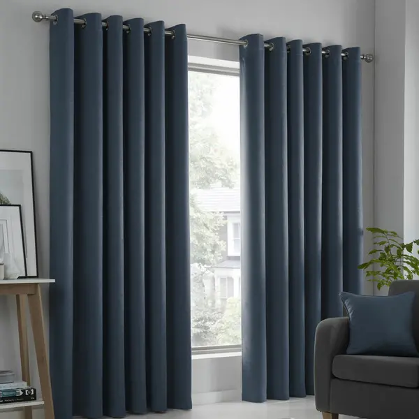 Fusion Fusion - Strata Woven Eyelet Lined Curtains, Navy, 66 x 54" SR5NY66546UPU