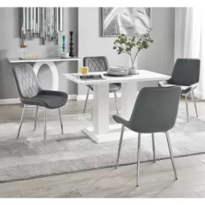 Furniturebox UK - Furniturebox Imperia 4 High Gloss White Modern Dining Table And 4 Grey Pesaro Velvet Dining Chairs With Silver Legs Diamond