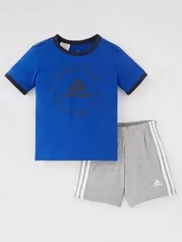 adidas Infants Logo Graphic Short & T-Shirt Set - Blue/Grey, Blue/Grey, Size 5-6 Years, Women