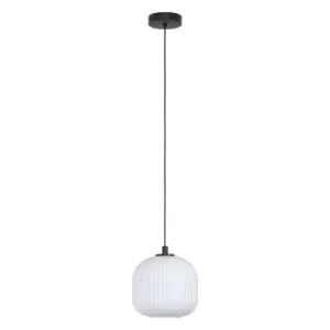 Pendant Ceiling Light Colour Black Shade White Ridged Glass Bulb E27 1x40W