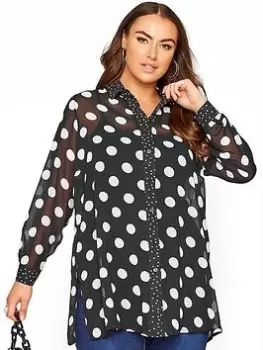 Yours Mixed Polkadot Long Line Boyfriend Shirt - Black, Size 24, Women