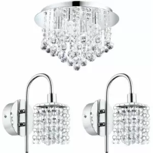 Loops - Low Ceiling Light & 2x Matching Wall Lights Chrome & Crystal IP44 Bathroom Lamp