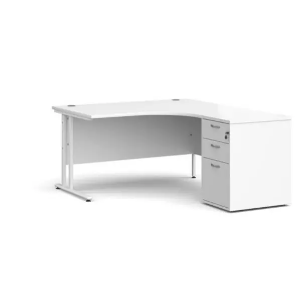 Office Desk Right Hand Corner Desk 1400mm With Pedestal White Top With White Frame Maestro 25