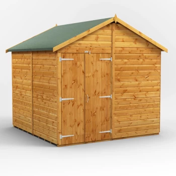 8x8 Power Windowless Apex Double Doors Garden Shed - Brown