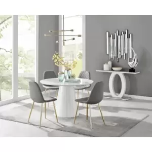 Furniturebox Palma White High Gloss 4 Seat Minimalist Post Modern Round Dining Table & 4 Grey Corona Faux Leather Dining Chairs with Gold Legs