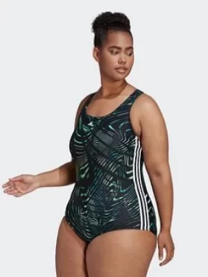 adidas Souleaf Graphic 3-stripes Swimsuit (plus Size), Blue, Size 3X, Women