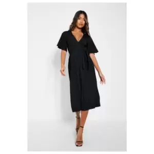 I Saw It First Satin Wrap Batwing Pleated Midi Dress - Black