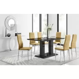 Furniturebox UK - Furniturebox Imperia 6 High Gloss Black Modern Dining Table and 6 Mustard Milan Faux Leather Dining Chairs With Silver Legs Diamond