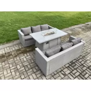 Fimous 6 Seater Outdoor Light Grey Rattan Lounge Sofa Complete Set with Gas Fire Pit and Gas Heater