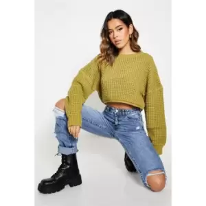 I Saw It First Waffle Knitted Oversized Cropped Jumper - Green