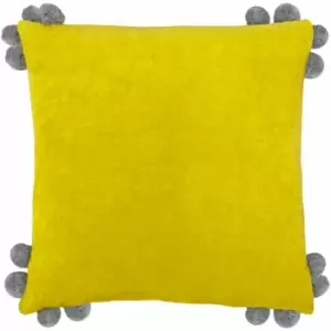 Hoola Pop Pom 100% Cotton Fringed Cushion Cover, Yellow/Grey, 45 x 45cm - Furn