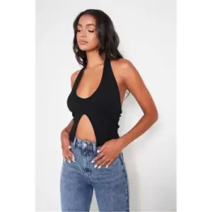 I Saw It First Black Ribbed Halterneck Split Front Crop Top - Blue