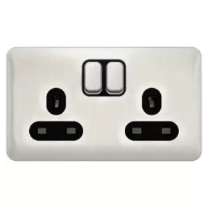 Schneider Electric Lisse Screwless Deco - Switched Double Power Socket, 13A, GGBL3020BSSS, Stainless Steel with Black Insert