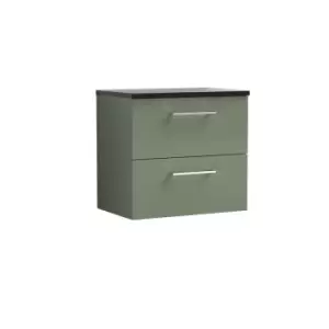 Nuie Arno 600mm Wall Hung 2 Drawer Vanity & Sparkling Black Laminate Top Satin Green