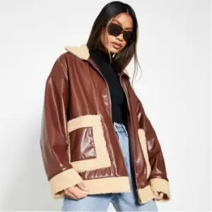 I Saw It First Pu Borg Lined Zip Up Jacket - Brown