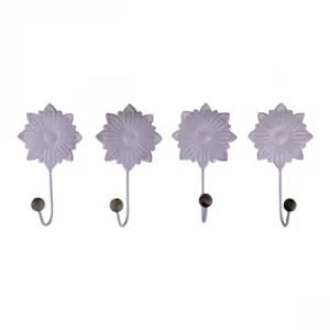 Set of 4 Decorative Metal Coat Hooks, White Flowers