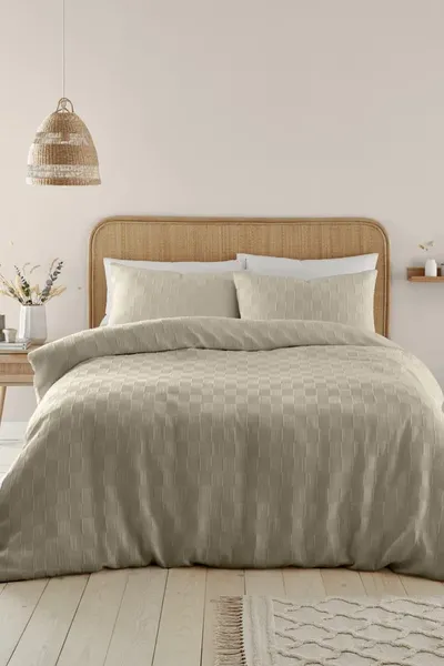 Catherine Lansfield CL Waffle Chequerboard Duvet Set Natural/White SINGLE PO51201