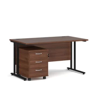 Office Desk Rectangular Desk 1400mm With Pedestal Walnut Top With Black Frame 800mm Depth Maestro 25 SBK314W