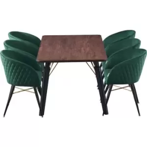 7 Pieces Life Interiors Vittorio Cosmo Dining Set - a Rectangular Walnut Dining Table and Set of 6 Green Dining Chairs - Green