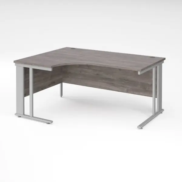 Maestro 25 left hand ergonomic desk 1600mm wide - silver cable managed leg frame, grey oak top