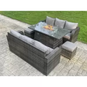 Fimous 6 Seater Outdoor Dark Grey Rattan Lounge Complete Sofa Set with Gas Fire Pit and 2 Stools