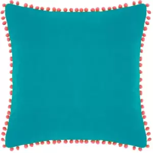 Velvet Pompom Cushion Teal/Coral