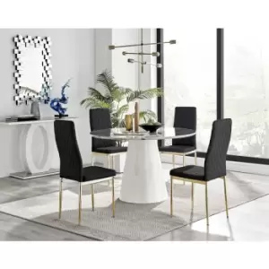 Furniturebox Palma White Marble Effect 120cm Round Minimalist Dining Table & 4 Black Milan Gold Leg Faux Leather Chairs