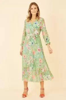 Green Floral Pleated Wrap Midi Dress