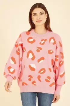 Pink Abstract Animal Print Intarsia Relaxed Jumper