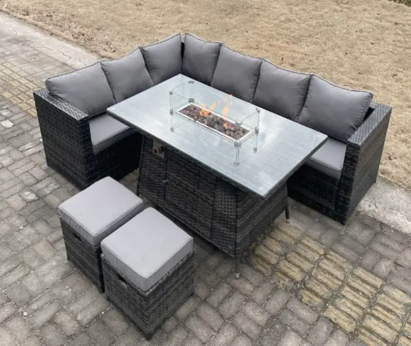 Fimous 6 Seater Outdoor Dark Grey PE Rattan Lounge Complete Sofa Set with Gas Fire Pit and 2 Stools