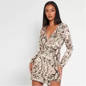 I Saw It First Snake Print Plunge Neck Knot Front Dress - Brown