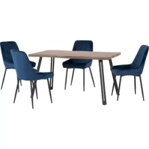 Quebec Wave Edge Dining Table + 4 Avery Chairs Set - Oak Effect & Blue Velvet