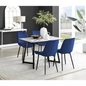 Furniturebox Carson White Marble Effect Recatngular 120cm Dining Table & 4 Navy Pesaro Black Leg Velvet Chairs