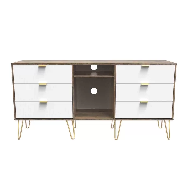 Welcome Furniture Ready Assembled Linear 6 Drawer Sideboard In White Matt & Vintage Oak