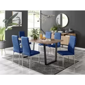 Furniturebox UK - Furniturebox Kylo Brown Wood Effect Dining Table & 6 Navy Milan Velvet Dining Chairs Diamond Stitch Modern Contemporary Chrome Metal