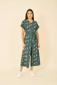 Teal Crane Print Culotte Jumpsuit