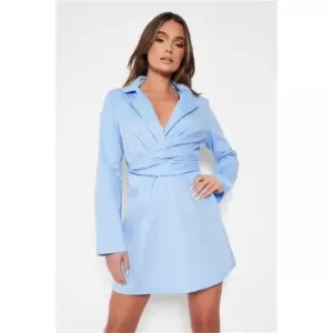 I Saw It First Baby Blue Cotton Poplin Long Sleeves Tie Back Shirt Dress - Blue