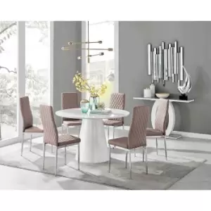 Furniture Box Palma White High Gloss Round Dining Table and 6 Cappuccino Milan Chrome Leg Chairs