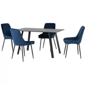 Seconique - Berlin Dining Set Table Black Grain with 4 Avery Sapphire Blue Velvet Chairs