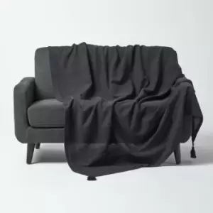 Cotton Rajput Ribbed Black Throw, 150 x 200cm - Black - Homescapes