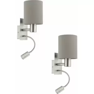 2 pack Wall Light Colour Satin Nickel Shade Taupe Fabric E27 LED 1x40W 1x3.5W