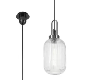 1 Light Pendant E27 With 20cm Tubular Ribbed Glass, Clear Black Chrome, Matt Black