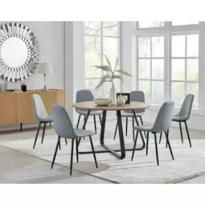 Furniture Box Santorini Brown Round Dining Table and 6 Grey Corona Black Leg Chairs