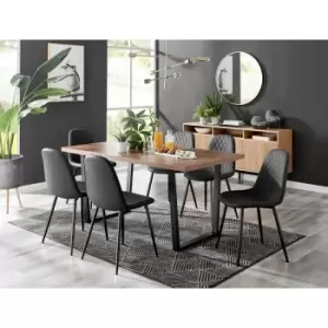 Kylo Brown Wood Effect Dining Table & 6 Black Corona Faux Leather Dining Chairs with Black Legs Diamond Stitch - Black