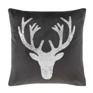 Sequin Stag Grey Velvet Filled Cushion 43x43cm